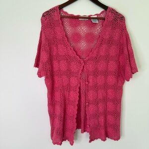 Vintage White Stag Grannycore Cottage Cotton Blend Crochet Pink Cardigan Size XL